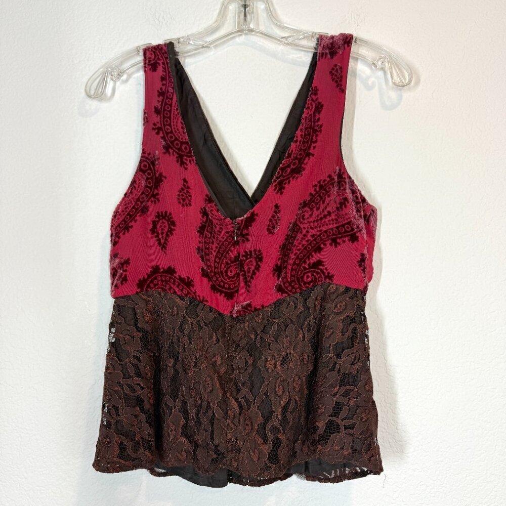 Vintage Y2K Tank Top Velvet Lace Silk Brown Small - Picture 3 of 9